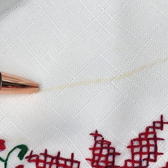 Vintage Christmas Linen Napkins Set o 6 Metal Rings Lace Cross Stitch Poinsettia - Picture 11 of 15